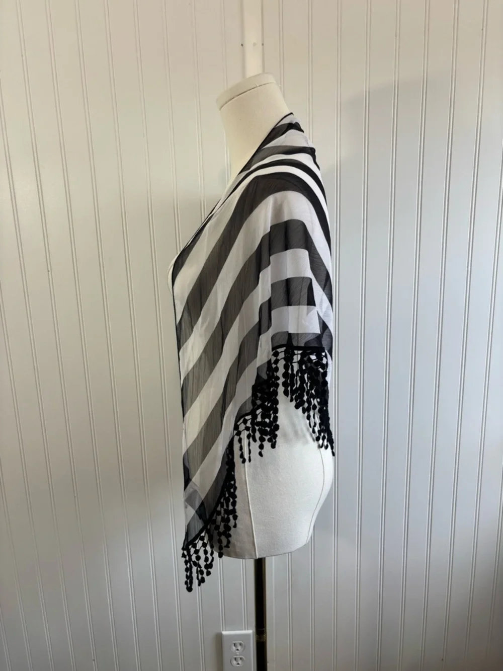 Chico’s Black White Striped Boho Sheer Scarf Wrap Shawl Fringe OS Minimalist